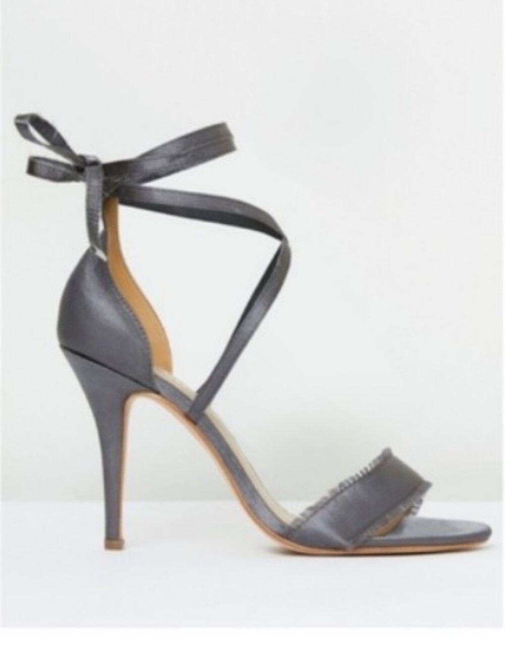 NIB Gray Satin Ankle Lace Up Stiletto Frayed Open Toe Strap Stiletto Heel